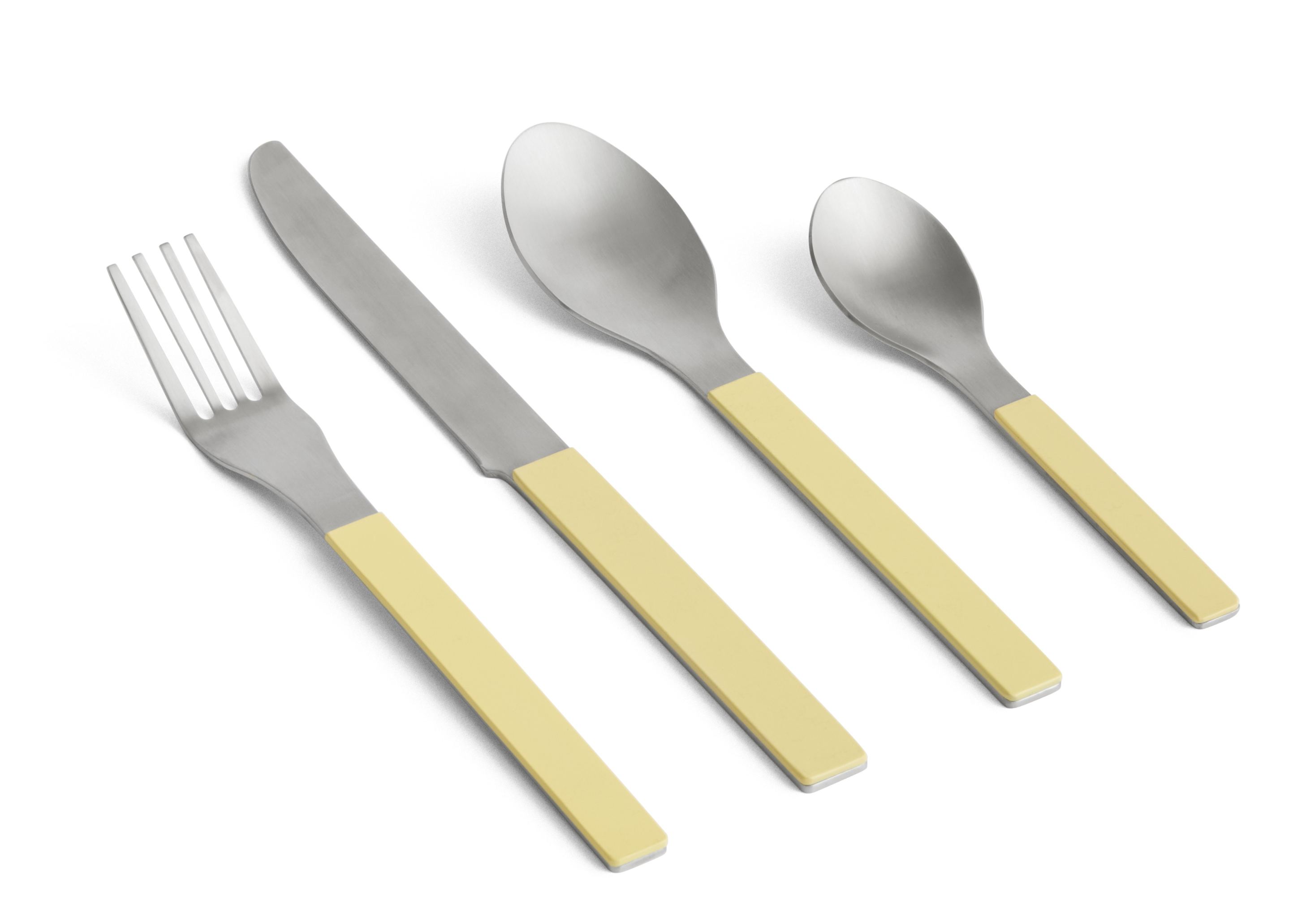 MVS Besteckset, 4-teilig, Hay Gelb, bestehend aus Messer, Gabel, großem und kleinem Löffel.