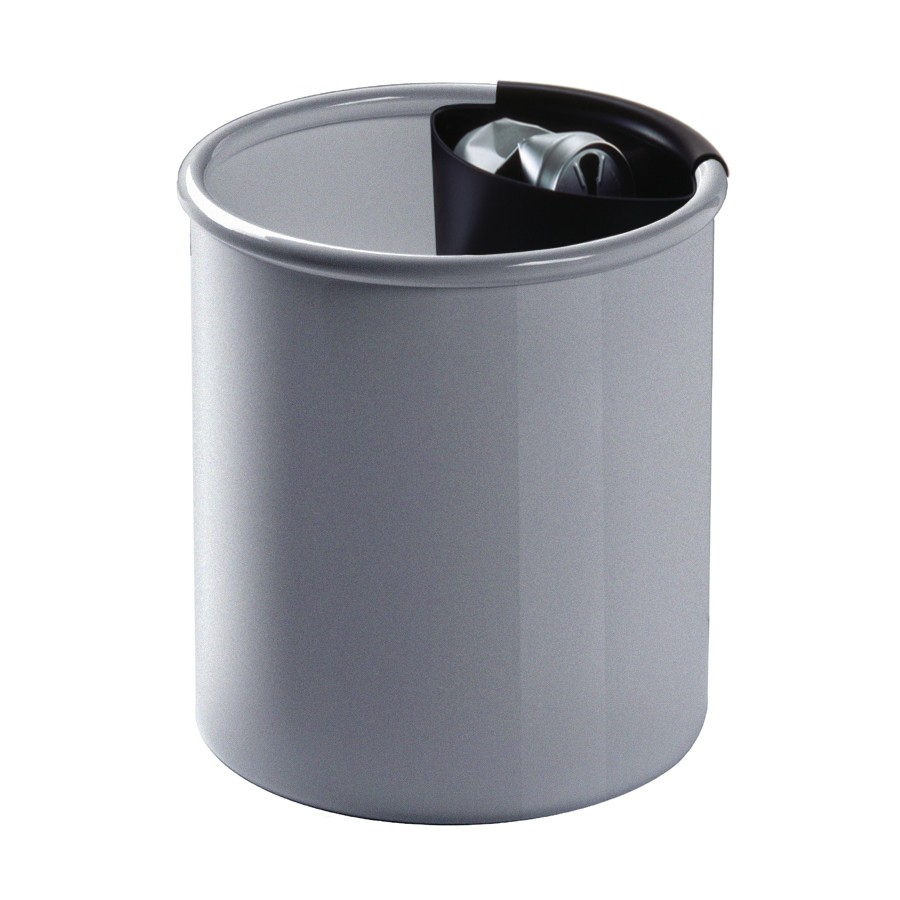 Grauer Colmo Papierkorb von Rexite mit schwarzem Einsatz und zerknülltem Papier. Bürobedarf und Müllentsorgung.