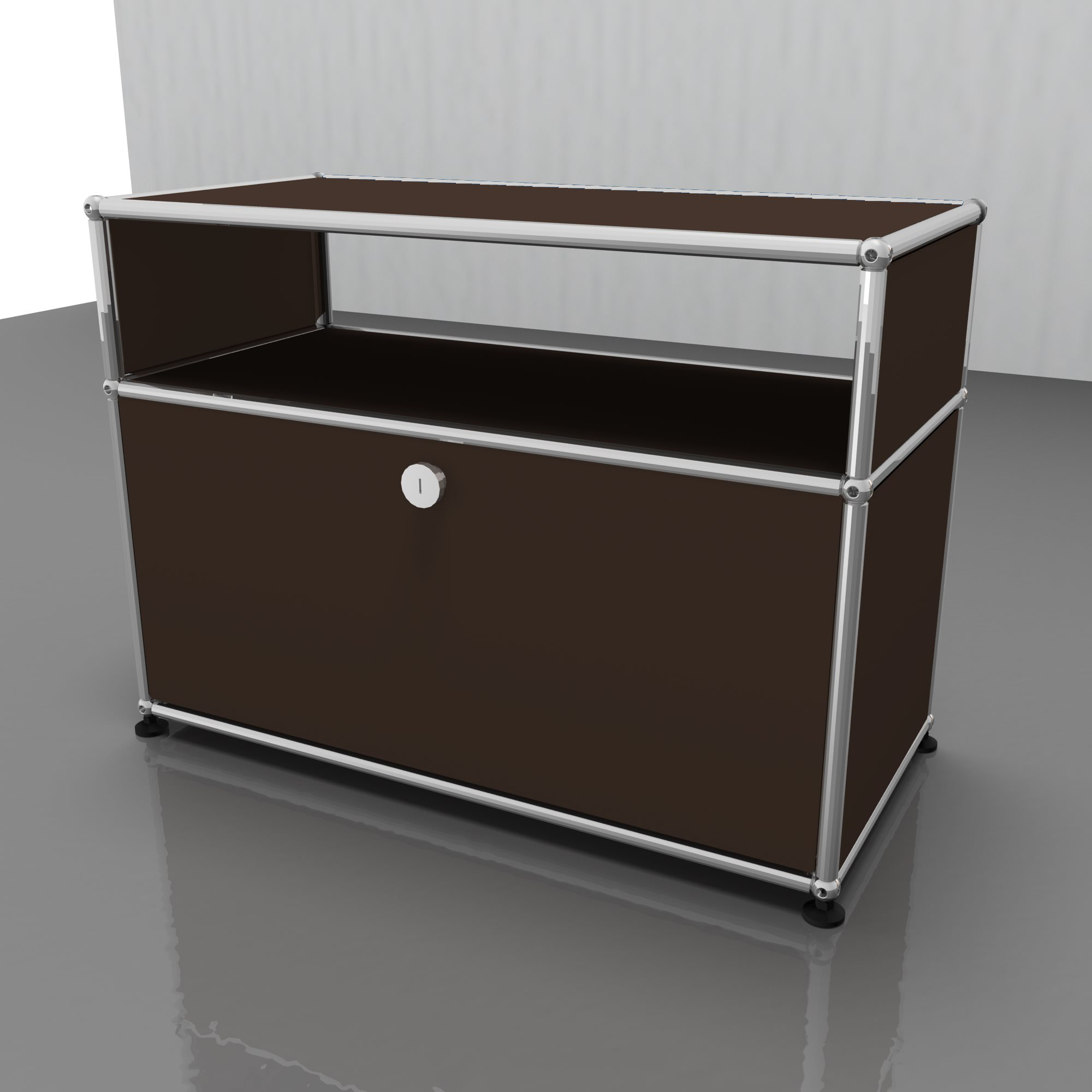 USM Haller Möbel: Braunes Sideboard mit Schublade, Chromgestell und minimalistischem Design für modernes Wohnen.