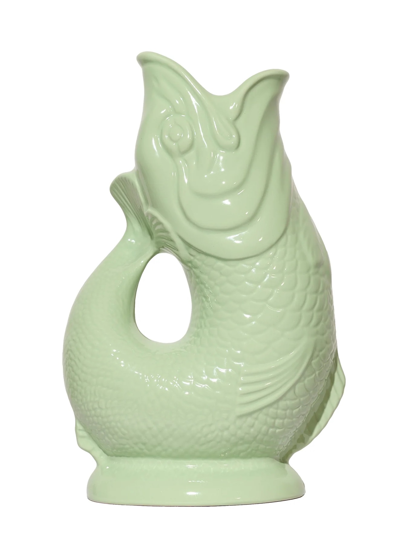 Hellgrüne Gluckigluck Fischkaraffe / Vase XL aus Keramik, isoliert auf weißem Hintergrund.