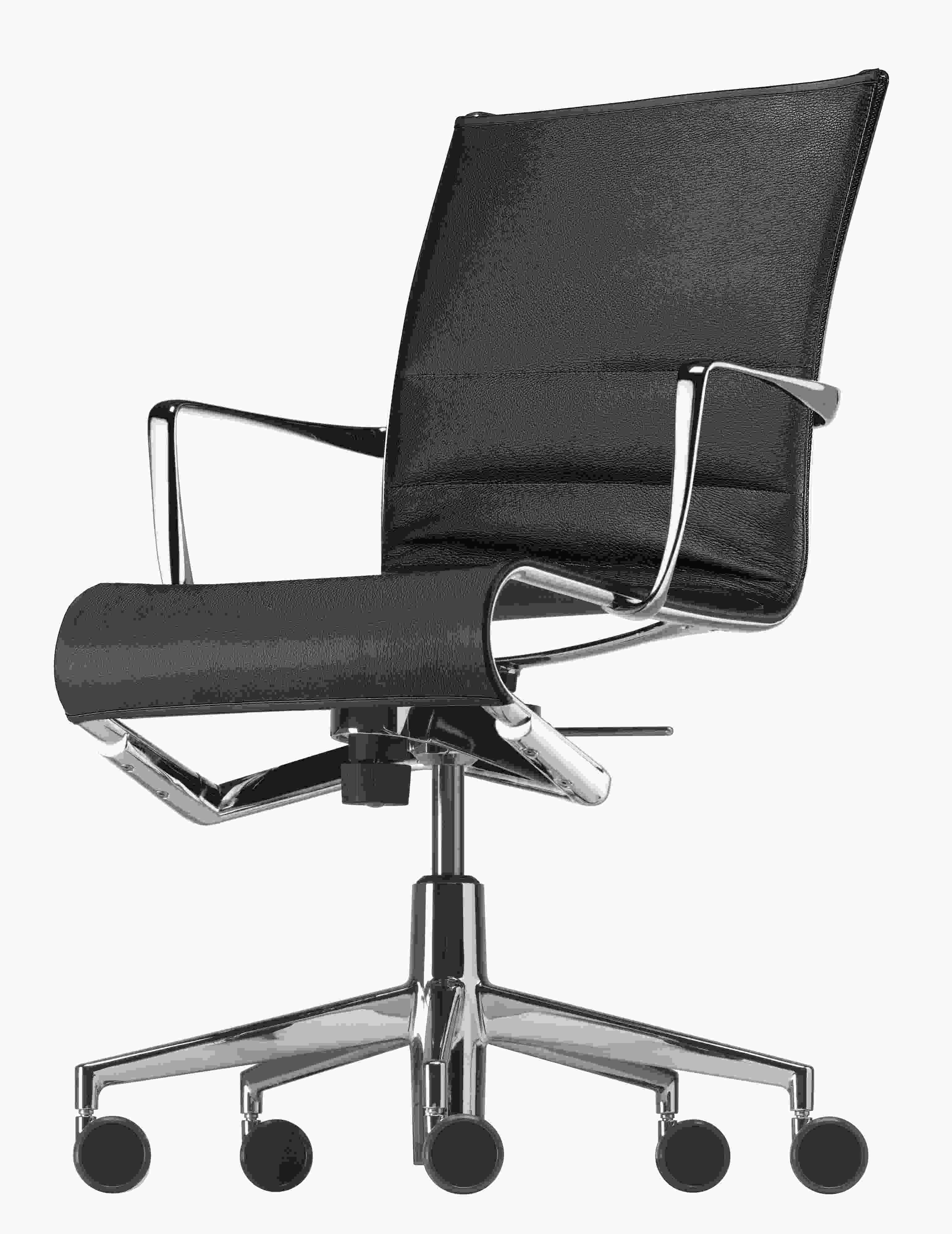 Schwarzer Rollingframe Drehstuhl mit Chromgestell und Rollen, ideal für Büro und Homeoffice.