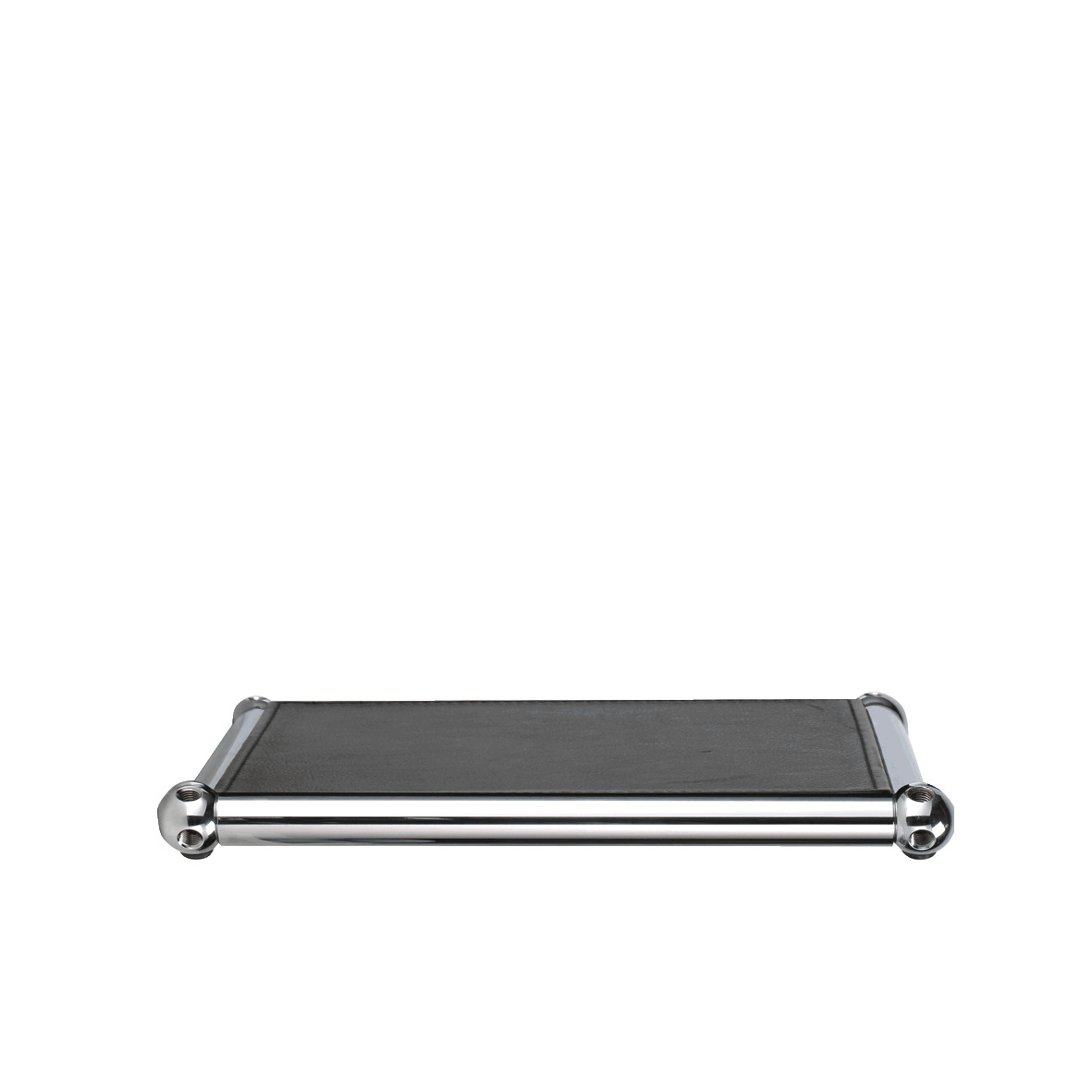 Nahaufnahme einer hellgrauen Lederauflage für USM Möbel, 25x17,5 cm, Leder auf Chrom.