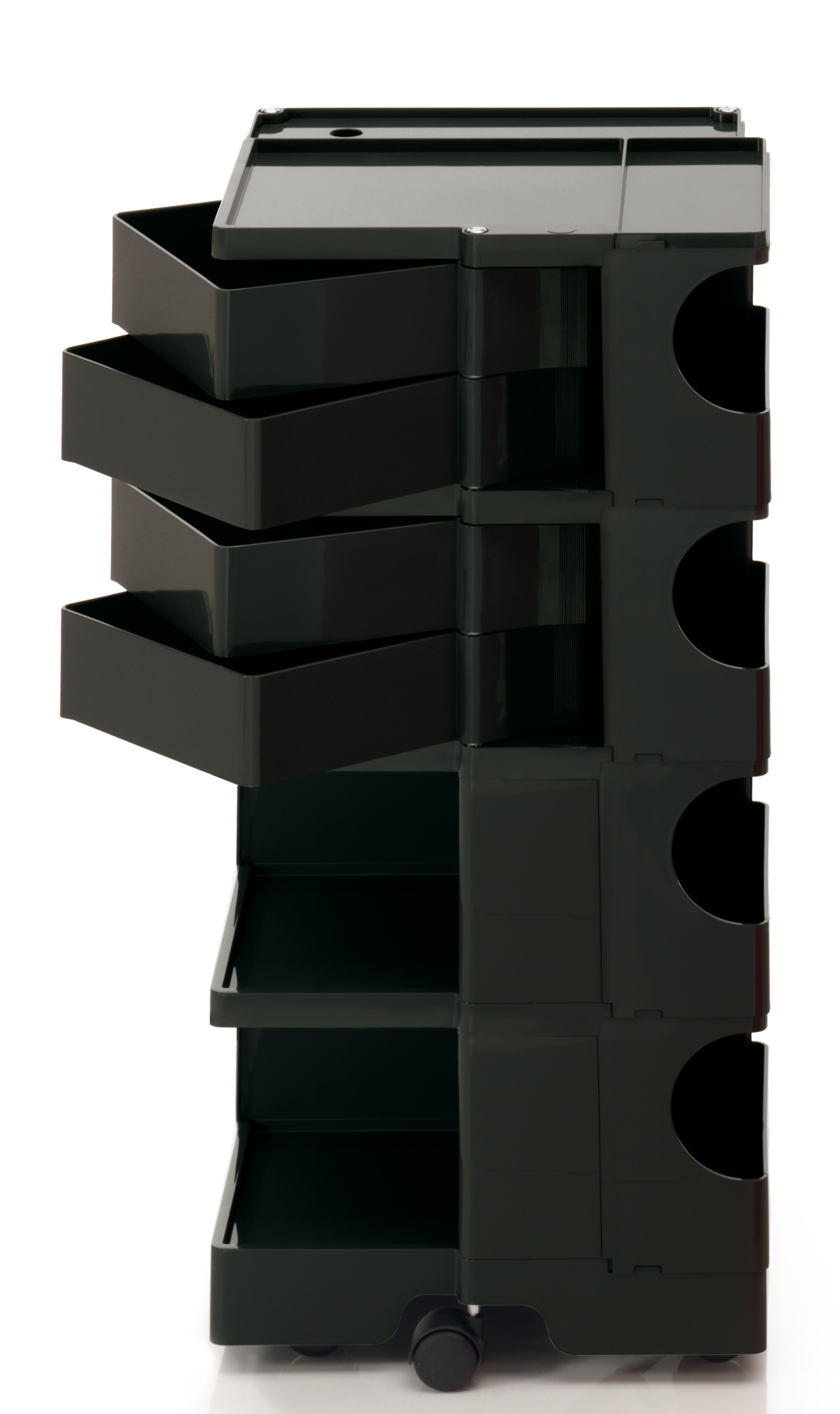 Schwarzer Boby Rollcontainer mit Schubladen und Fächern, flexibel und mobil für Büro und Zuhause.