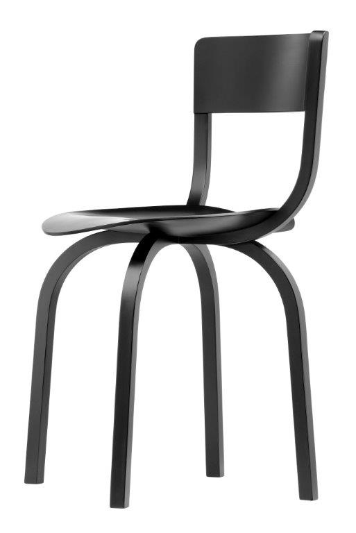 Schwarzer 404 Stuhl von Thonet: Moderner Holzstuhl mit geschwungener Rückenlehne und drei Beinen für Esszimmer und Wohnbereich.