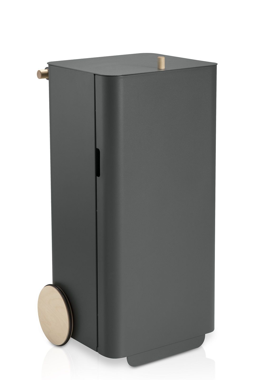 Grauer Arkityp Mülleimer von Mizetto mit Holzrädern für Mülltrennung im Büro.