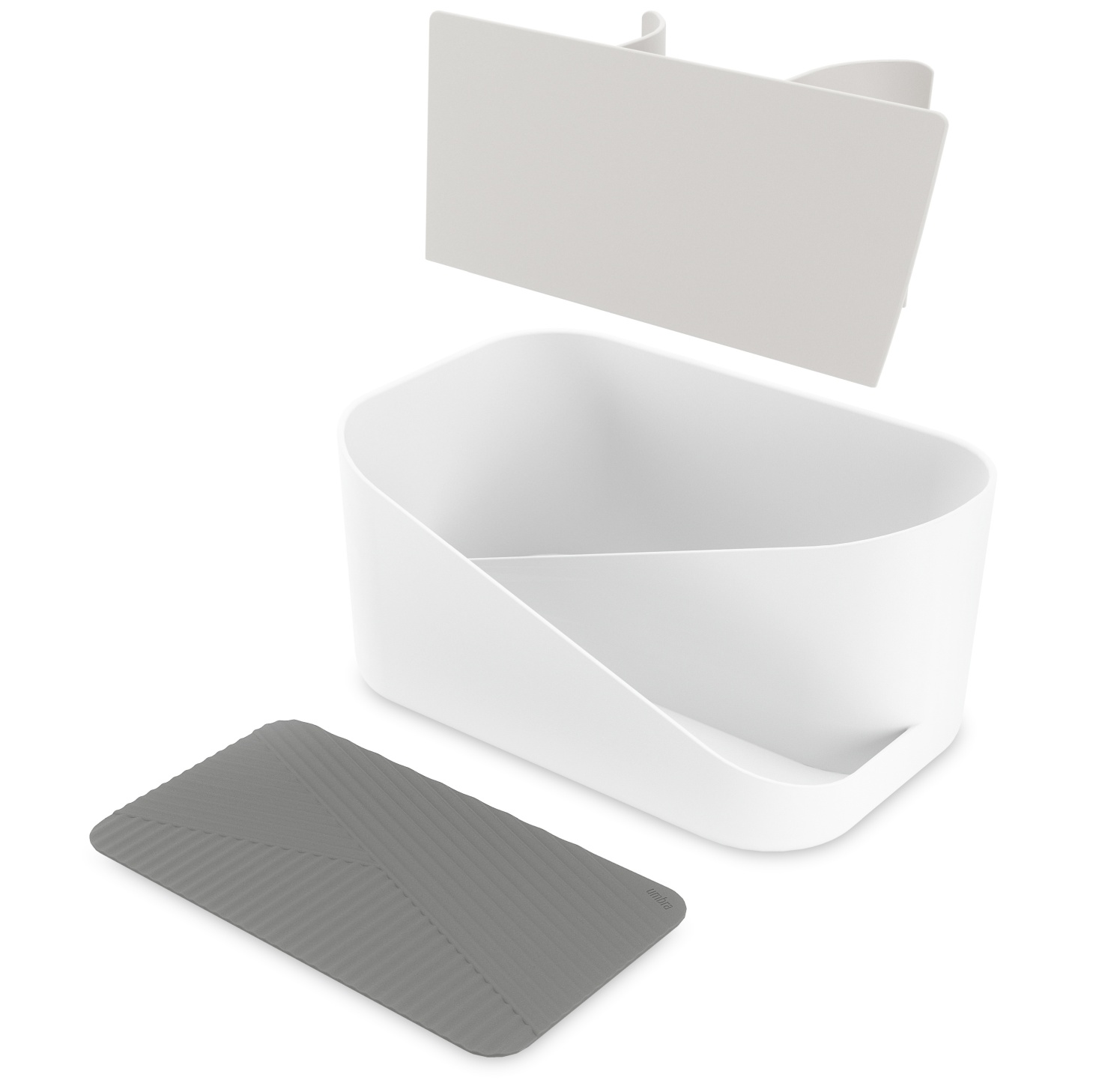 Weißer Glam Hair Organizer von Umbra mit Deckel und grauer Ablage für Badezimmerutensilien.