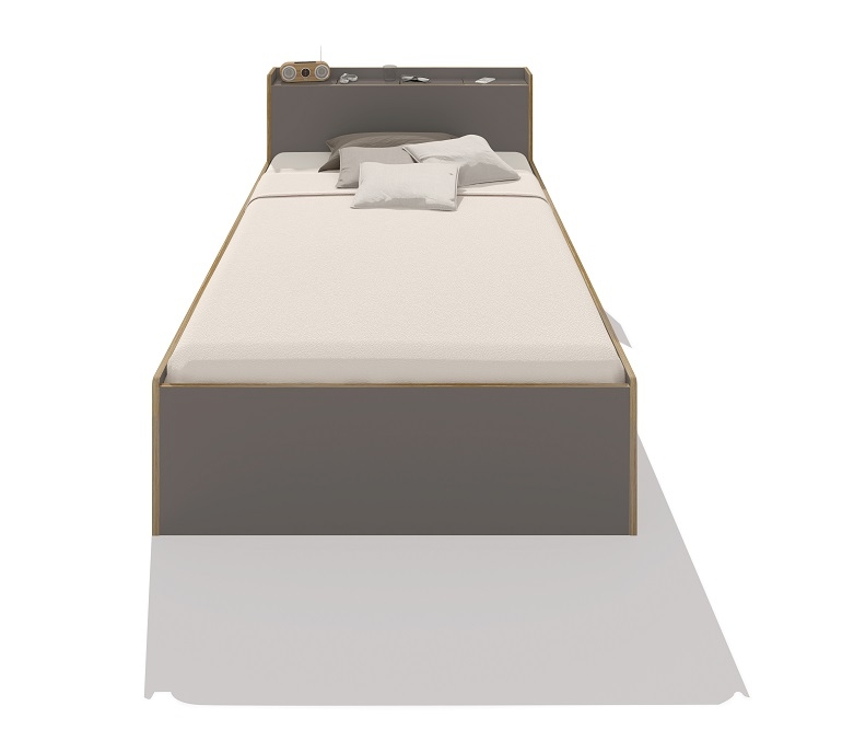 Anthrazitfarbenes Nook Einzelbett von Müller Möbelwerkstätten mit Ablagefläche am Kopfteil. Modernes Design für Schlafzimmer.