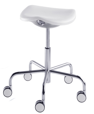 Weißer Welcome Drehhocker von Rexite mit Chromgestell und Rollen, höhenverstellbarer Bürohocker für ergonomisches Sitzen.