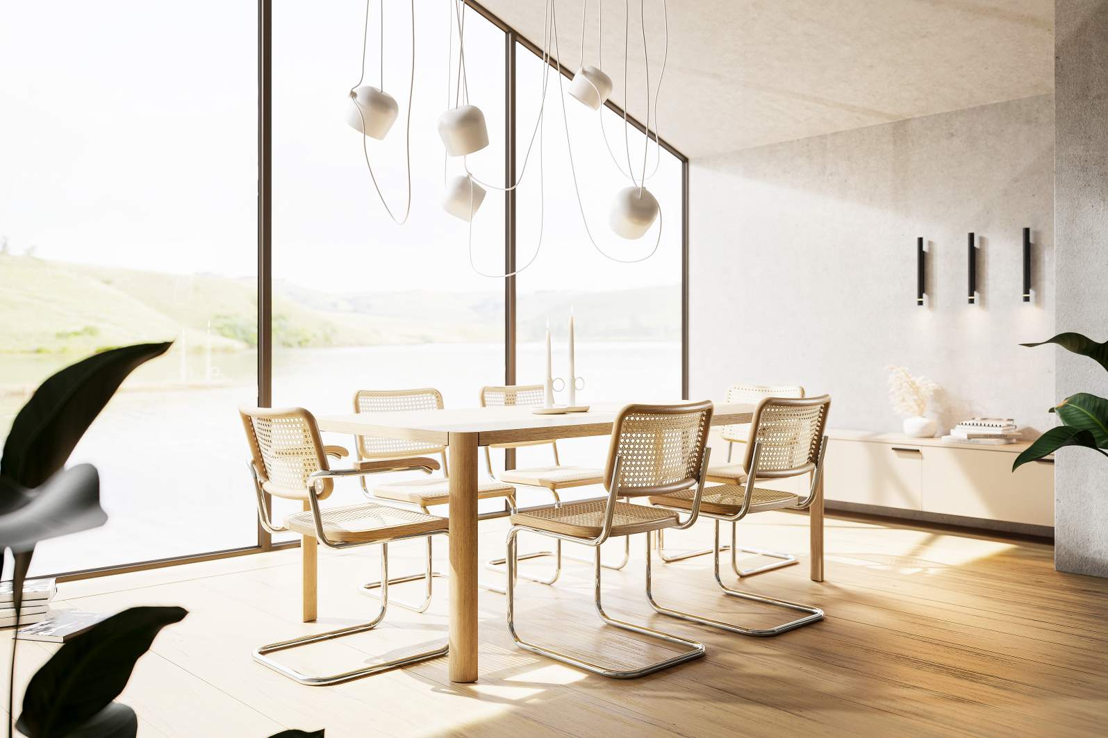 Moderner Essbereich mit Thonet 1140 Esstisch und Freischwinger Stühlen aus Holz und Wiener Geflecht.