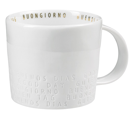 Weiße Tasse aus dem "Guten Appetit" 3er Set von Räder mit internationalen Guten-Morgen-Grüßen.