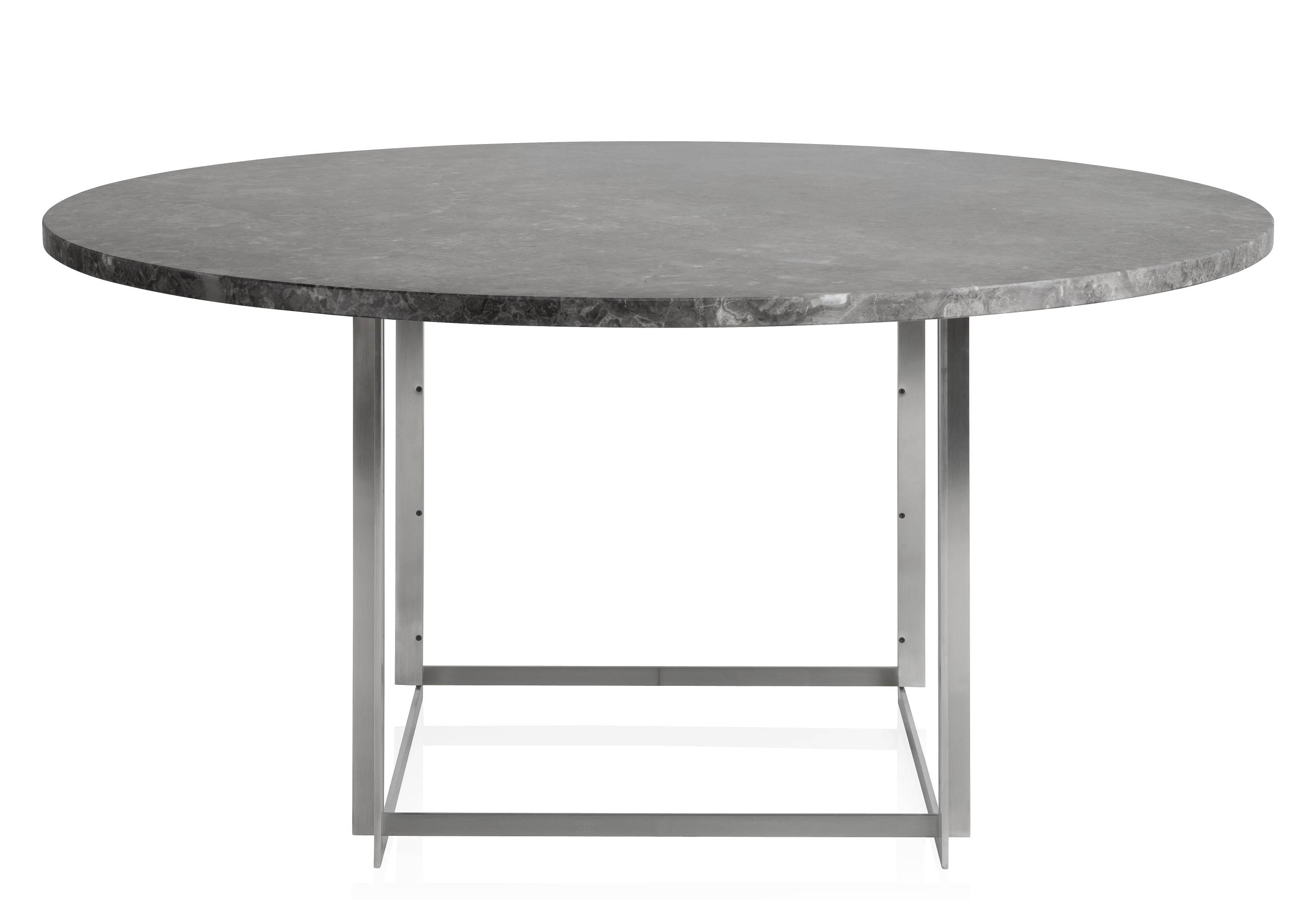 PK54 Esstisch von Fritz Hansen, runde Tischplatte aus grauem Marmor, Gestell aus gebürstetem Stahl.