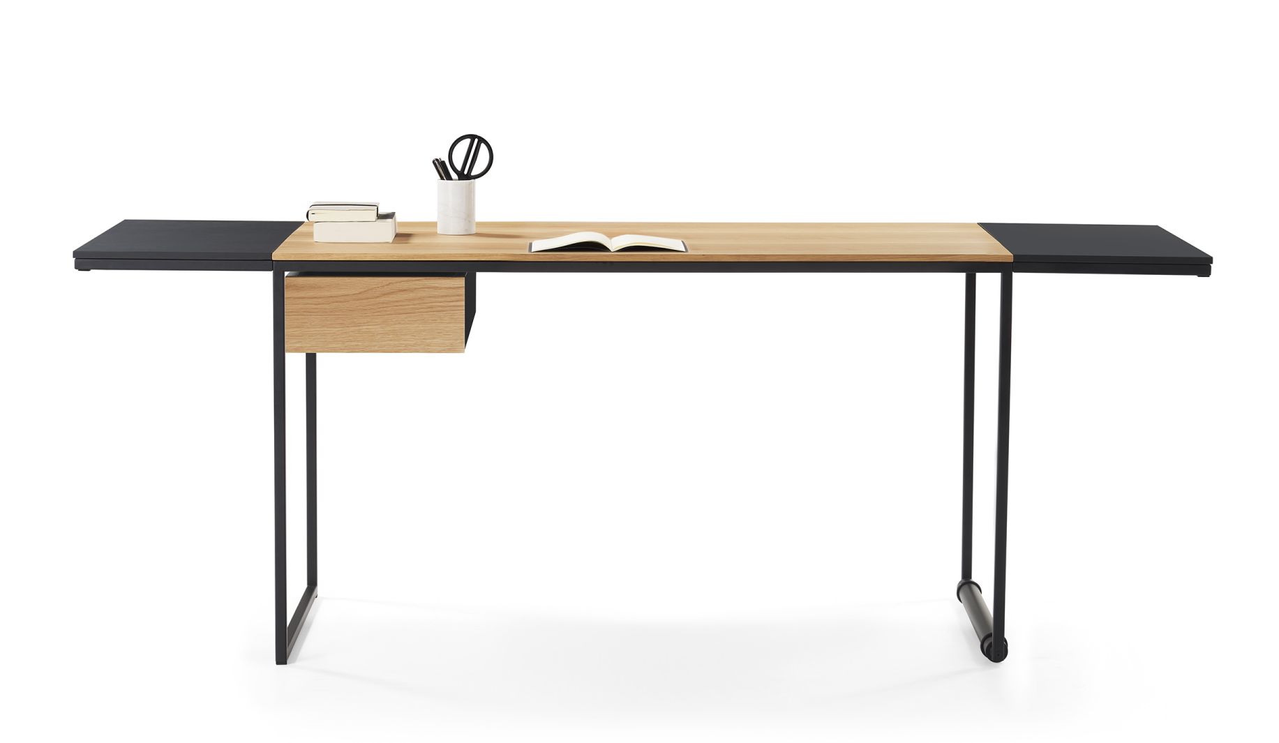 Macis Schreibtisch mit Schublade und Verlängerungen in Eiche, modernes Design für Büro und Arbeitszimmer.