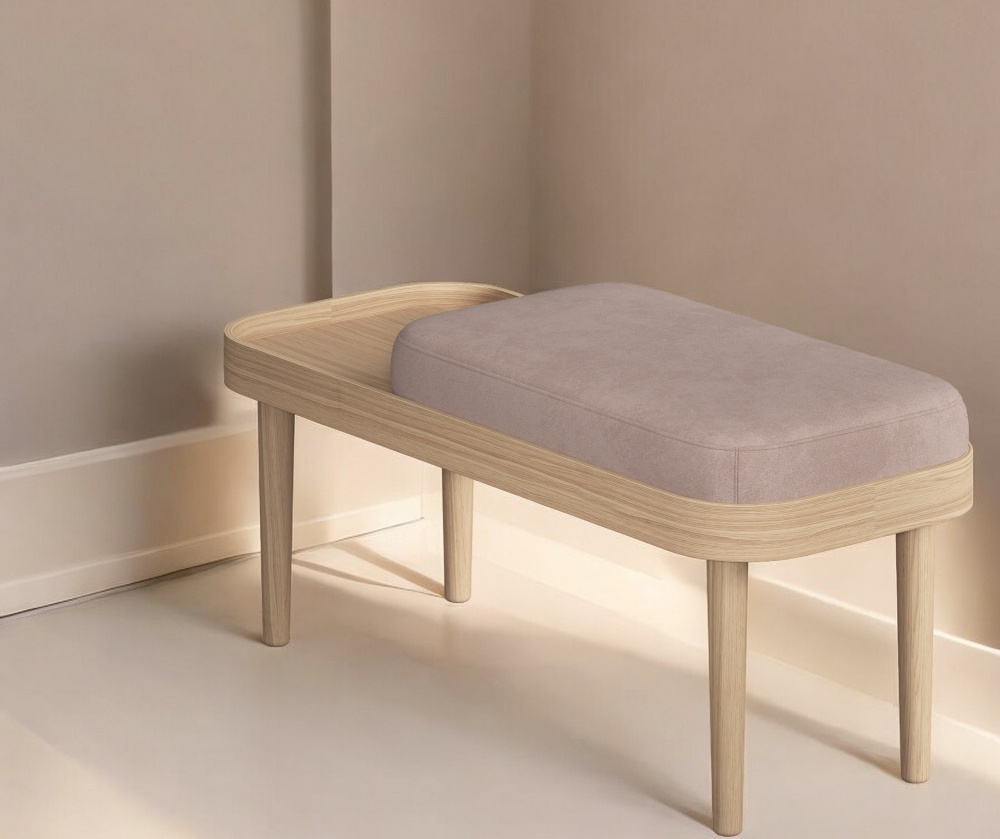 Serena Bank Eiche natur mit weißem Nubbio-Sitzpolster, moderne Holzbank für Wohnzimmer und Flur.