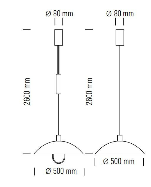Technische Zeichnung der Bauhaus Pendelleuchte HMB 25/500 von Tecnolumen mit Rollenzug.