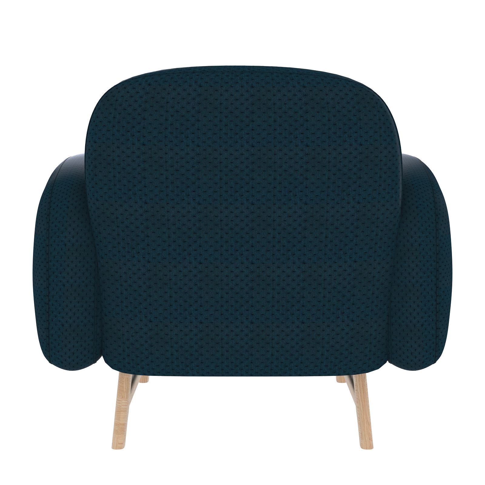 Rückansicht des blauen Hartô Auguste Sessels mit Holzbeinen, moderner Polstersessel für Wohnzimmer.