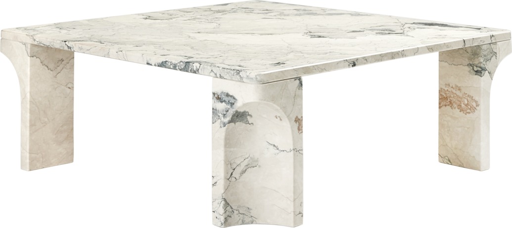 Quadratischer Doric Couchtisch von Gubi aus Marmor, modernes Design für Wohnzimmer.