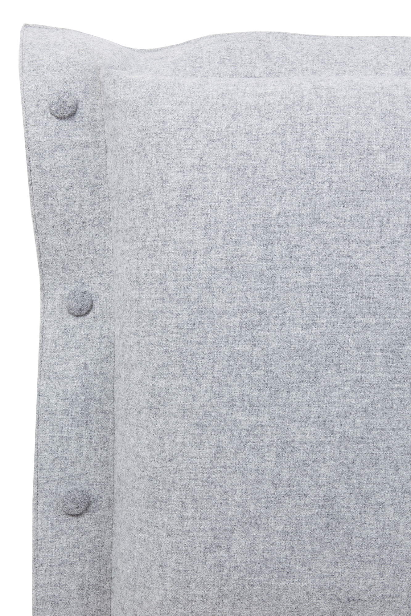 Detailaufnahme: Graues, gepolstertes Kopfteil mit Knöpfen für Hans Hansen Eiche Bett.