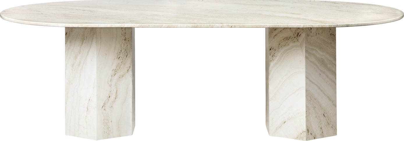 Elliptischer Esstisch aus Travertin, ähnlich dem Gubi Epic Tisch, mit zwei trapezförmigen Beinen.