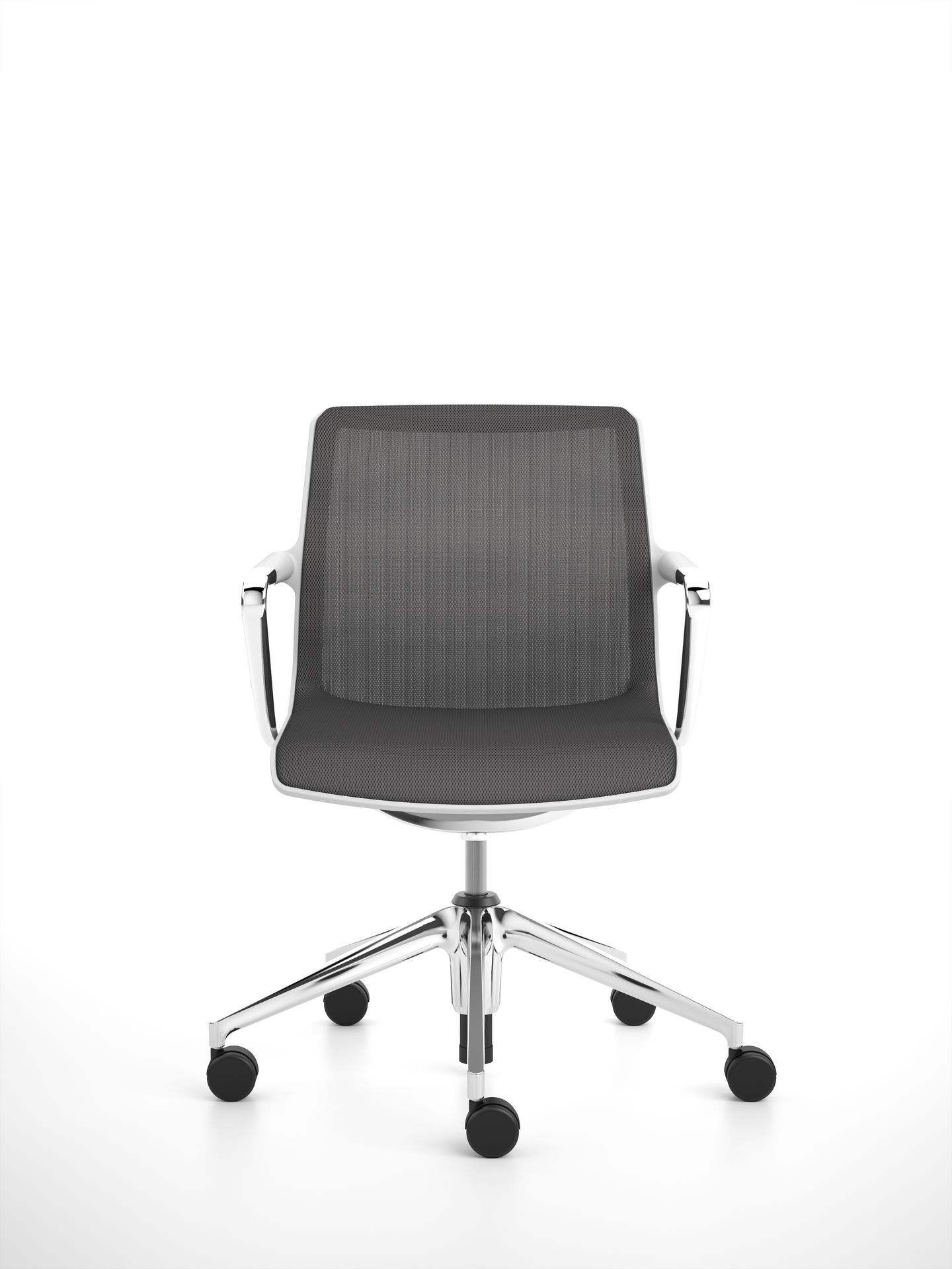 Vitra Unix Chair Bürostuhl mit grauem Netzbezug und Fünfsternfuß auf weißem Hintergrund.