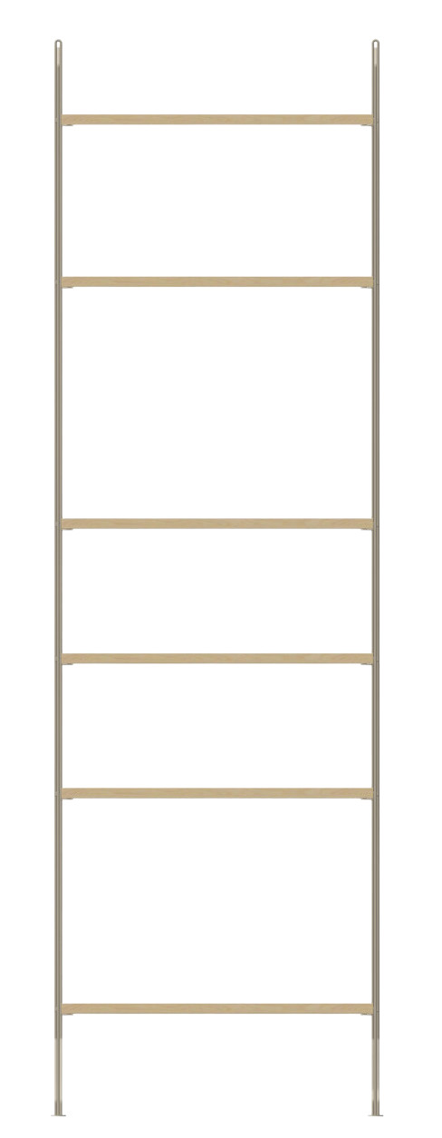 Wohnzimmer String Furniture Regal mit sechs hellen Holzregalböden und grauen Seitenteilen.