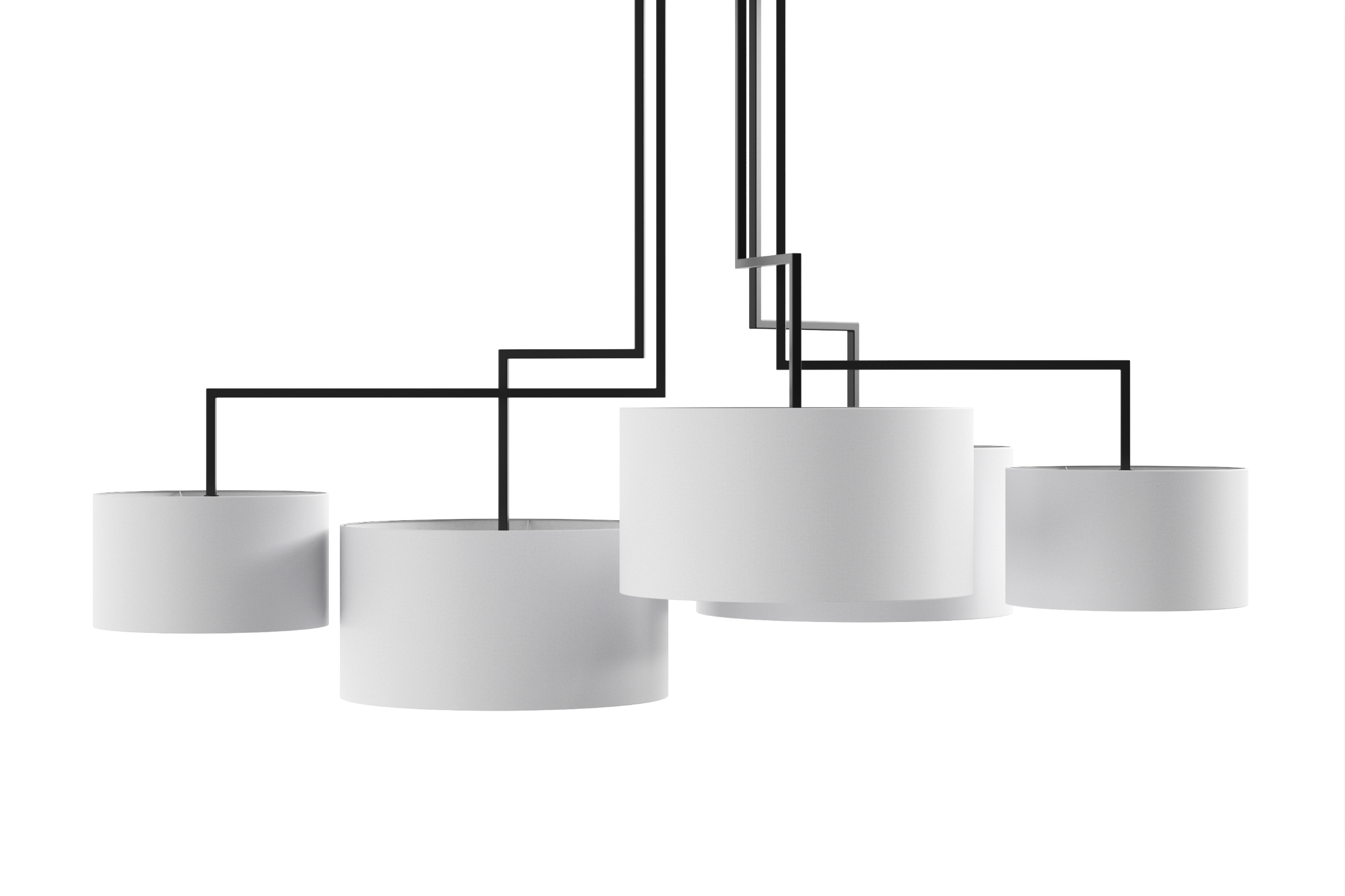 Noon 5 LED Leuchte in Weiß: Moderne Hängelampe mit fünf zylindrischen Lampenschirmen und schwarzer Aufhängung.