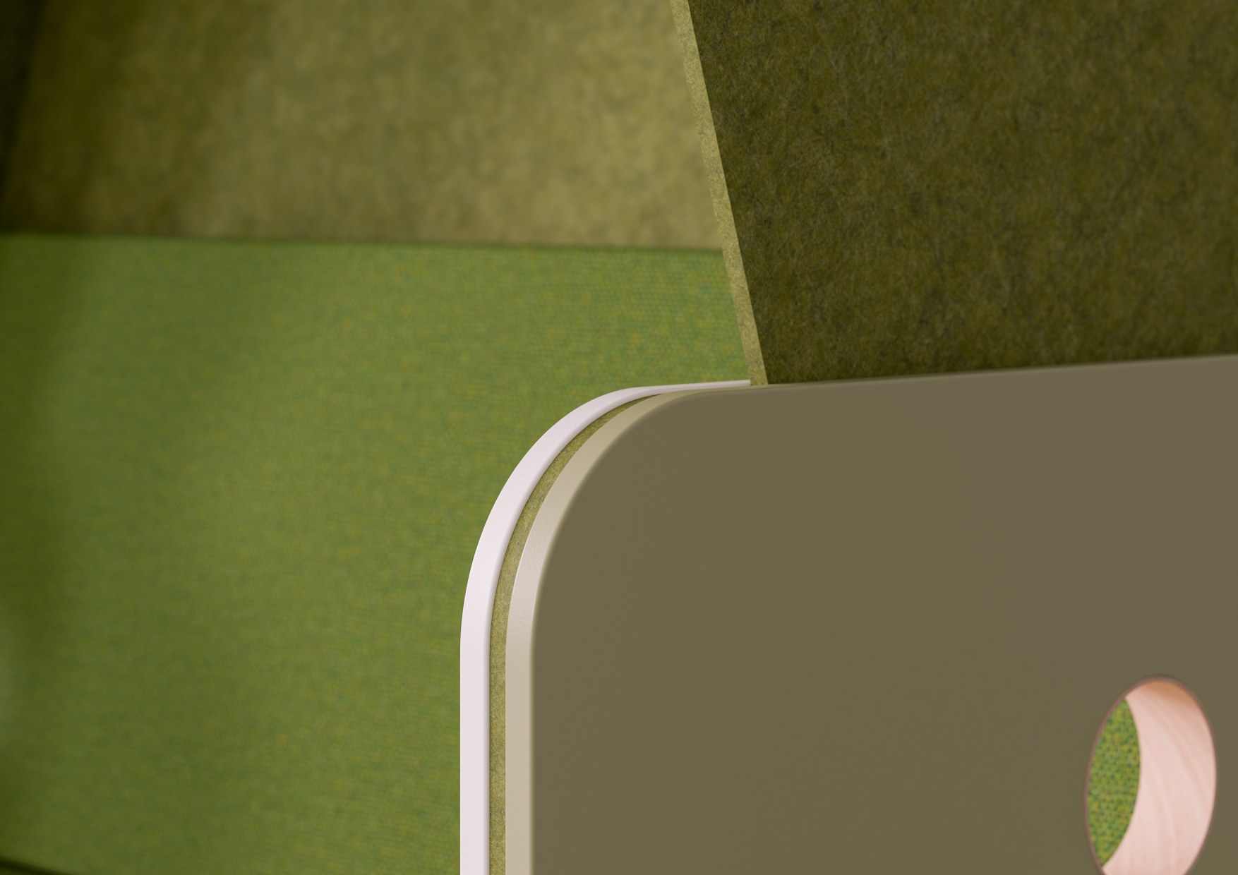 Detailaufnahme des Palmberg Strandkorbs: Rückzugsort mit grünen Akustikpaneelen und runder Form.