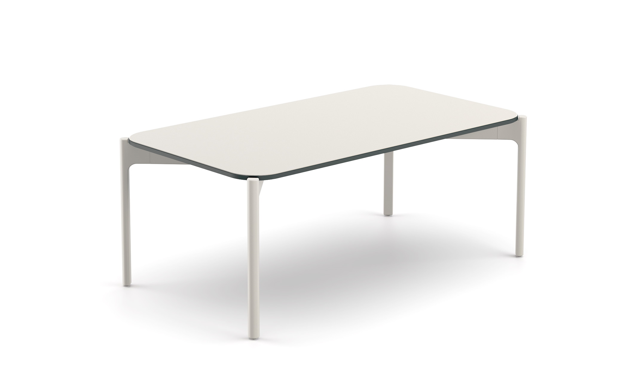 Izon Kaffeetisch von Dedon, 90x50cm, mit heller Tischplatte und filigranem, hellem Gestell.