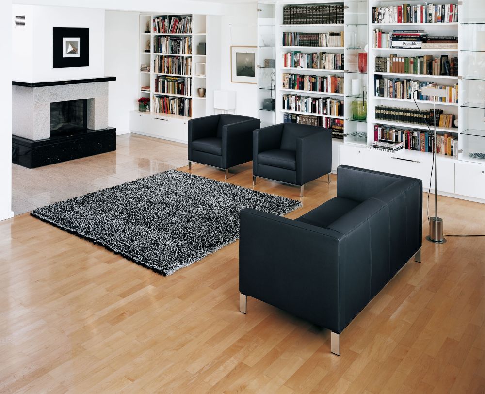 Schwarzer FOSTER Sessel von Walter Knoll im modernen Wohnzimmer mit Teppich und Bücherregal.