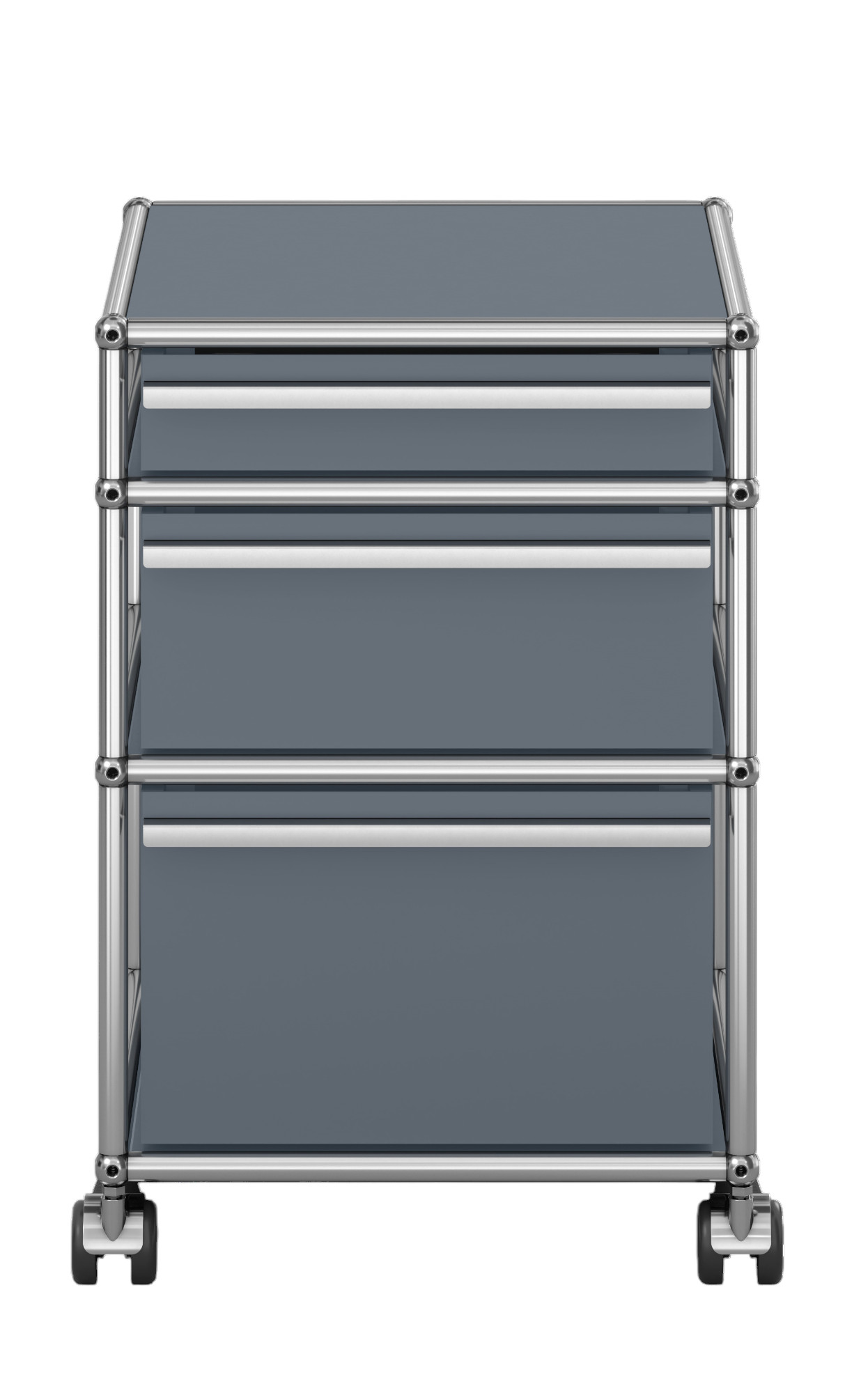 USM Haller Rollcontainer in Mittelgrau mit drei Schubladen, Chromgestell und Rollen, Frontansicht.