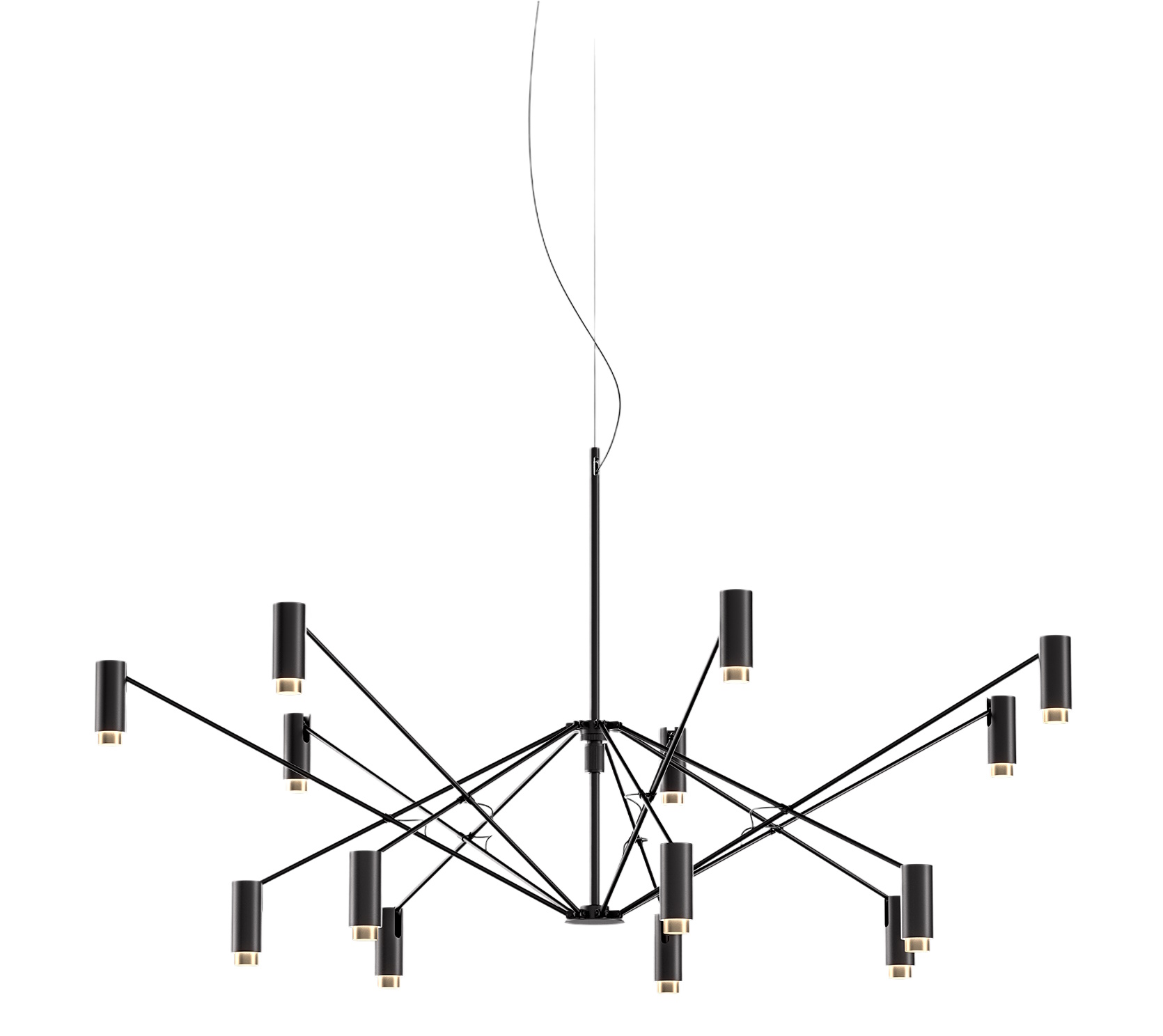 The W Pendelleuchte von Marset, moderne Hängelampe in Schwarz mit zylindrischen Leuchtenarmen und warmem Licht.