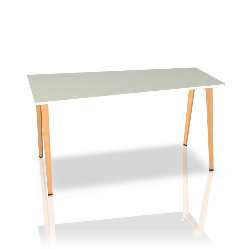 Steelcase B-Free Stehtisch mit weißer Tischplatte und Holzfüßen für moderne Büros.