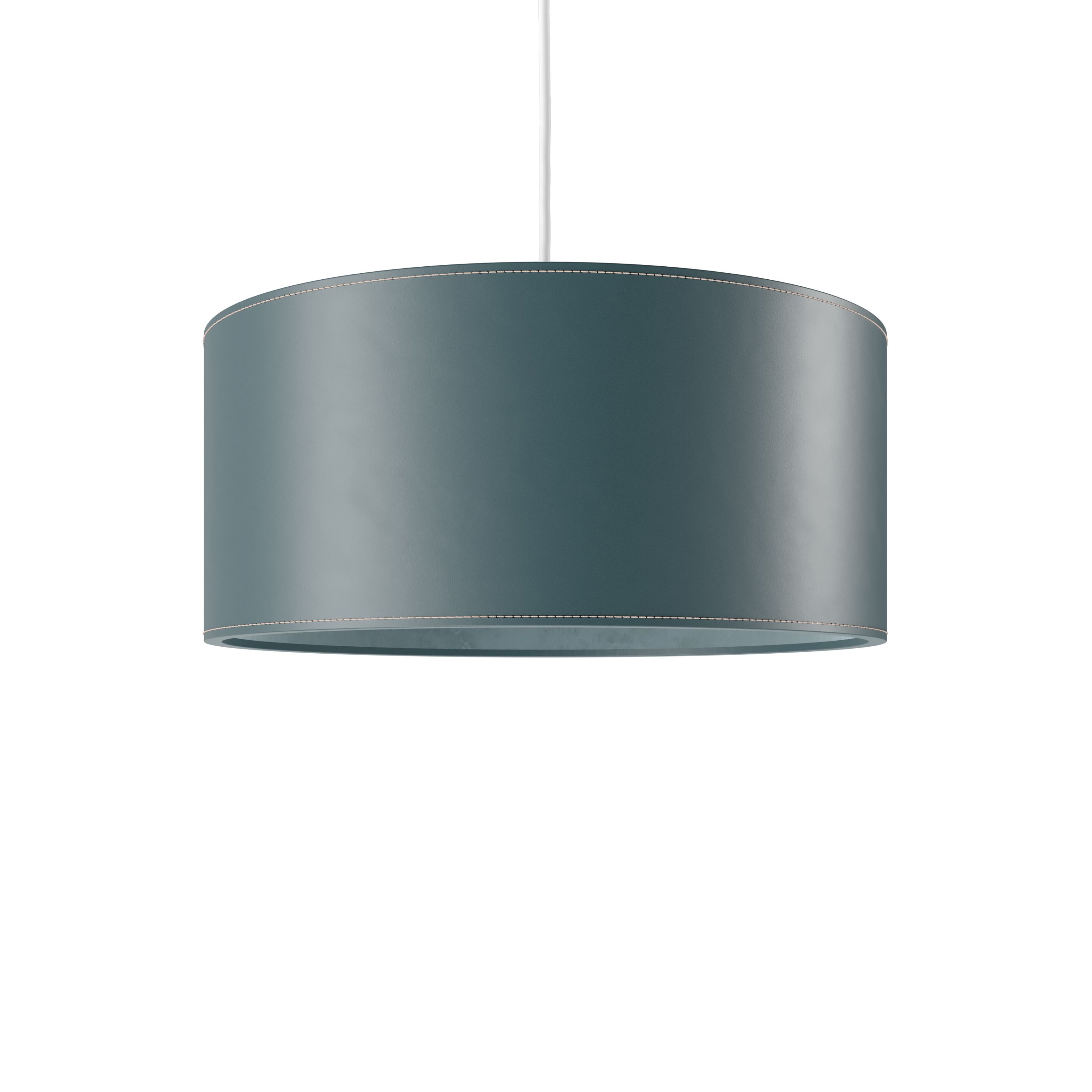 Zylinderförmige Leder Pendelleuchte in Ozeanblau mit feinen Ziernähten für stilvolle Innenraumbeleuchtung.