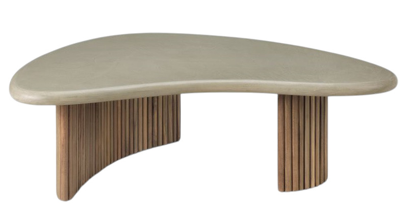 Boomerang Couchtisch mit Betonplatte und Teakholz-Beinen. Moderner Outdoor Tisch für Garten und Terrasse.