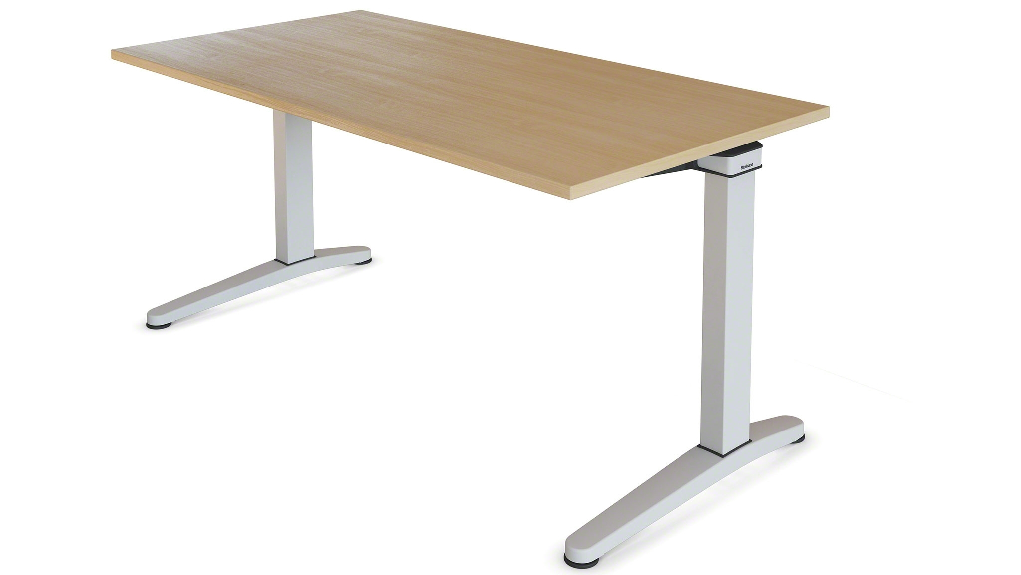 Steelcase Ology Sitz-Steh-Tisch mit heller Holzplatte und weißem Gestell für ergonomisches Arbeiten.