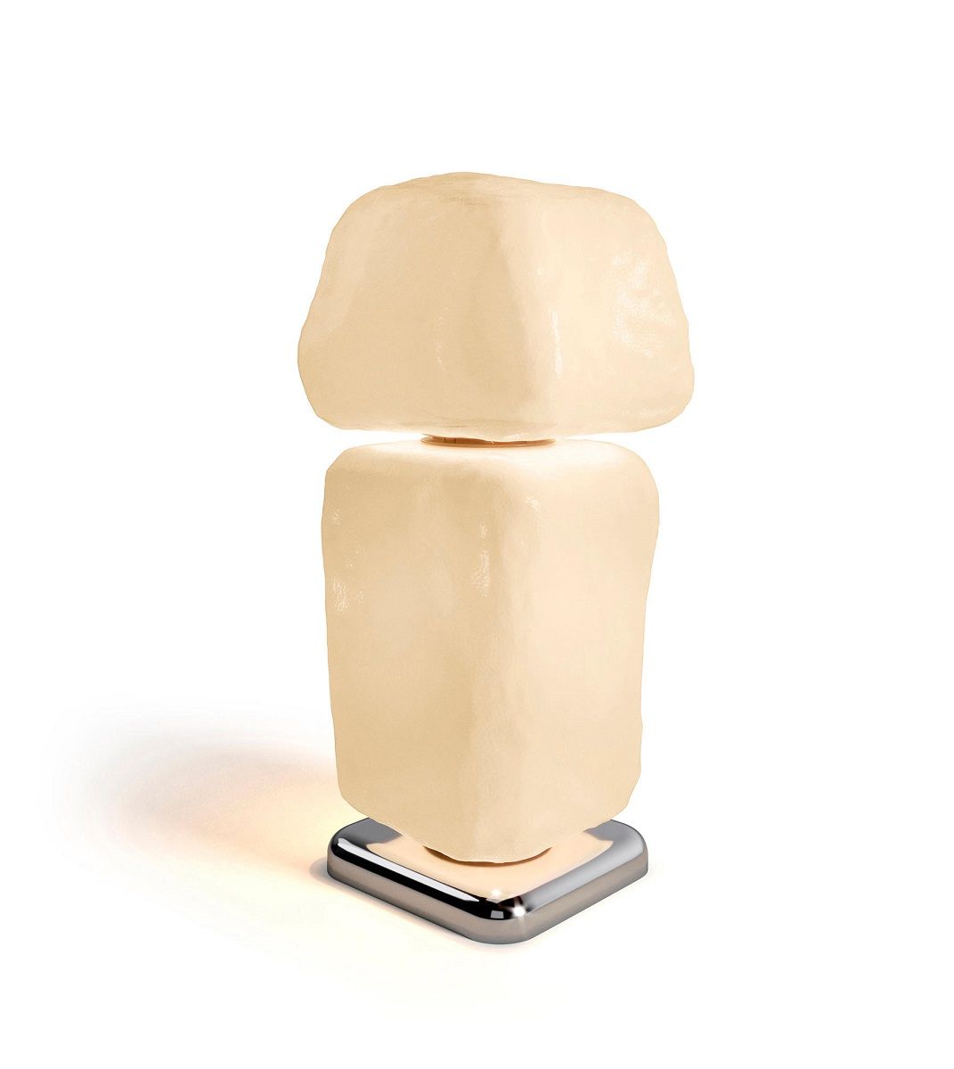 Nahaufnahme der Cassina Wax Stone Light Tischleuchte mit zwei organisch geformten, beigen Elementen auf quadratischem Metallsockel.