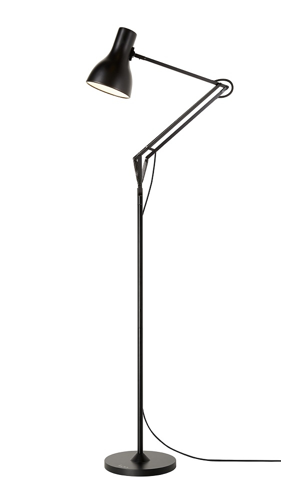 Schwarze Anglepoise Type 75 Stehleuchte, Paul Smith Edition, mit verstellbarem Arm und Lampenschirm.
