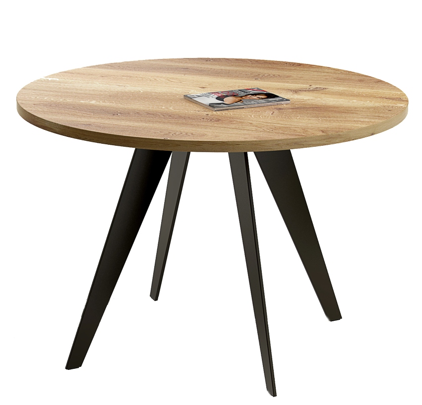 Enke Tisch: Runder Esstisch Trebord mit Holzplatte und schwarzen Metallbeinen. Moderner Küchentisch.