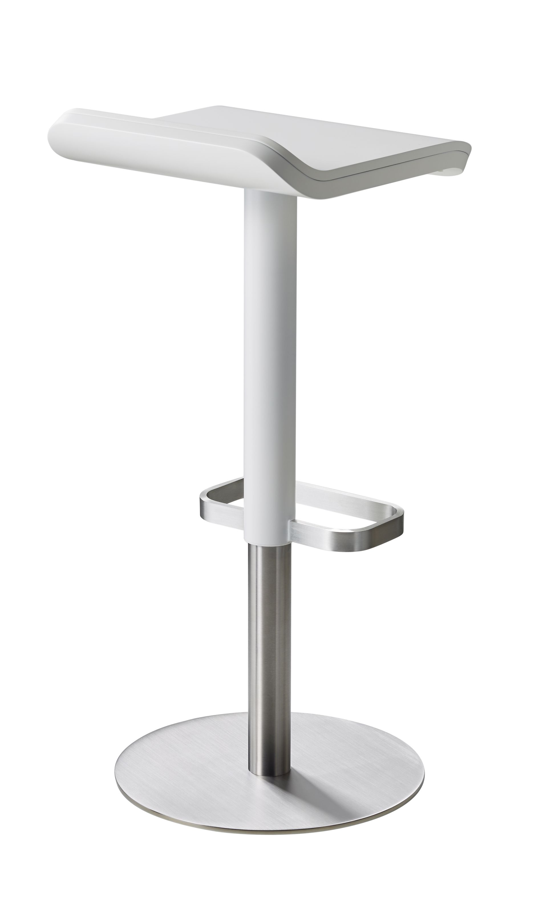 Weißer, höhenverstellbarer ED Barhocker von Moree mit Fußstütze und rundem Fuß aus Metall.