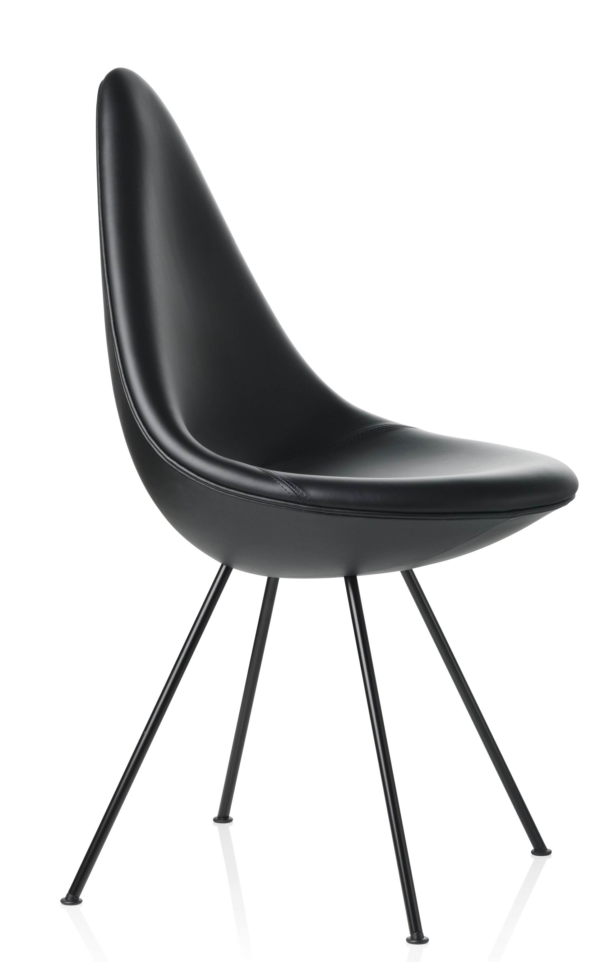 Schwarzer Drop Stuhl von Fritz Hansen, moderner Designstuhl mit drei Beinen, Ledersitz.