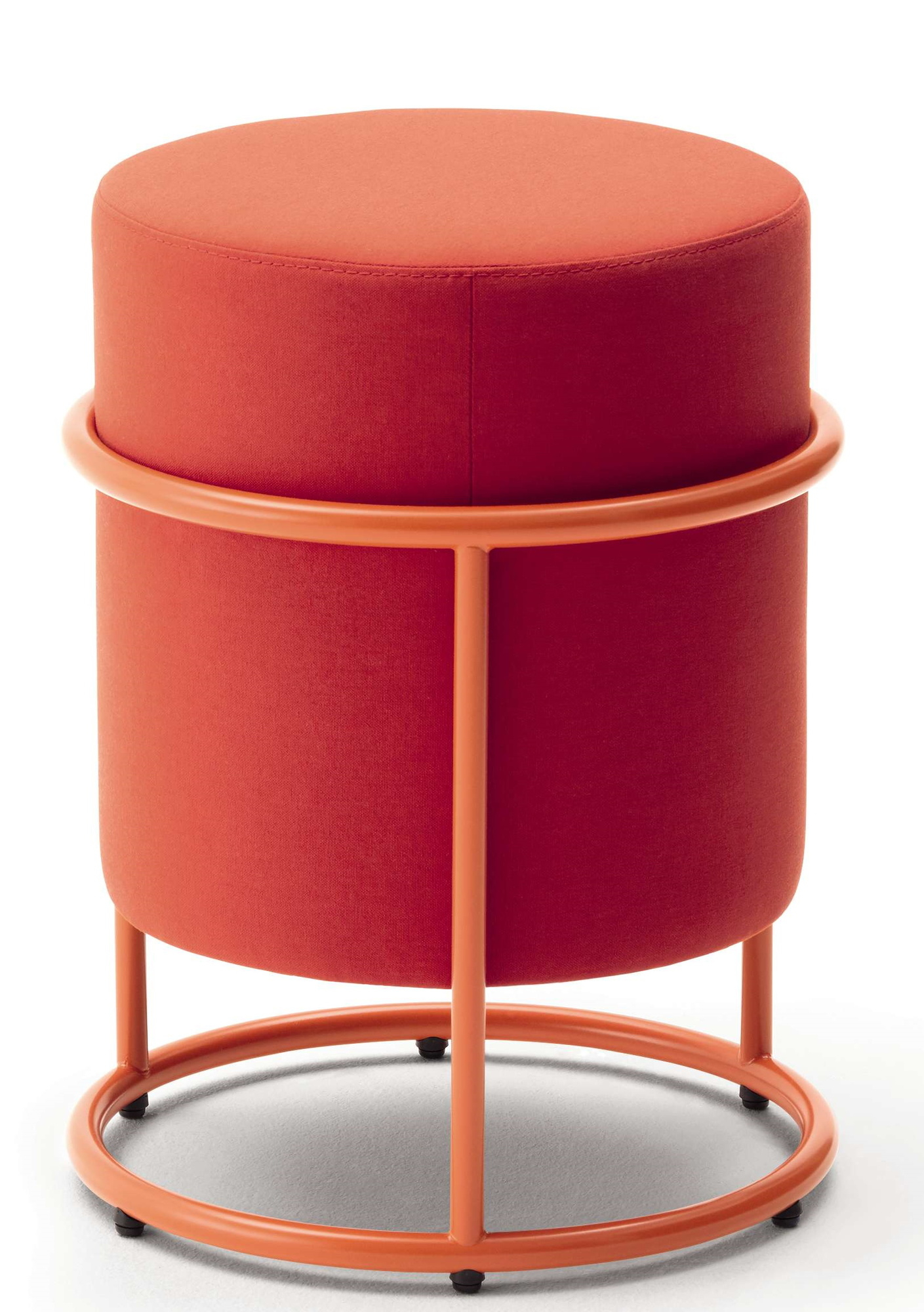 Roter Drop Hocker mit orangefarbenem Metallgestell, Durchmesser 36 cm. Moderner Sitzhocker für Wohnzimmer und Büro.