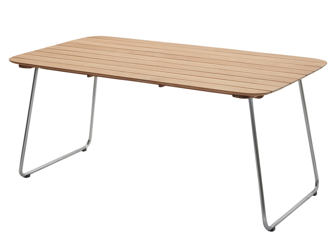 Lilium Esstisch Outdoor von Skagerak: Rechteckiger Gartentisch aus Teakholz mit Stahlgestell.