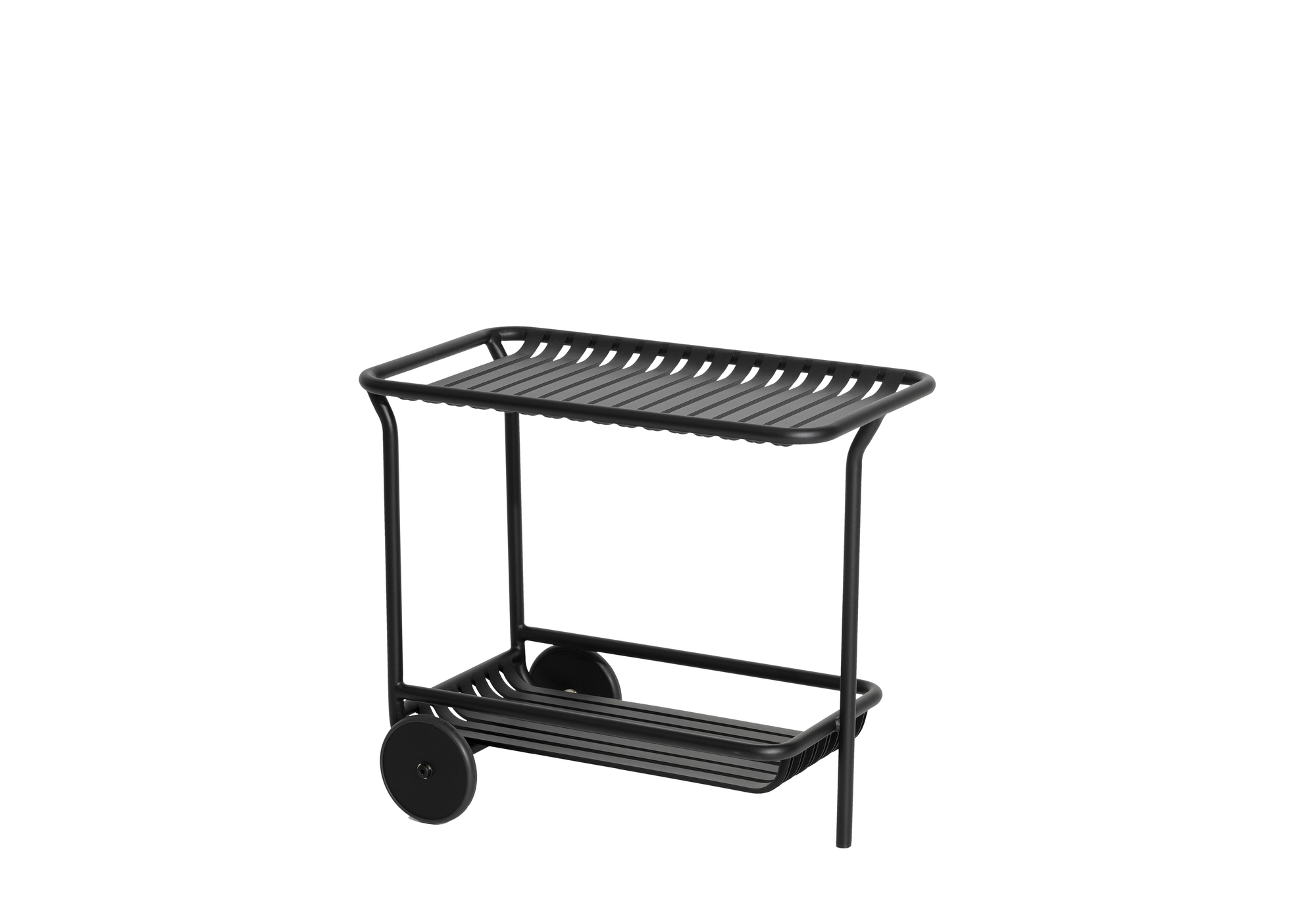 Schwarzer Petite Friture Servierwagen für den Outdoor-Bereich mit zwei Ablageflächen und Rädern.