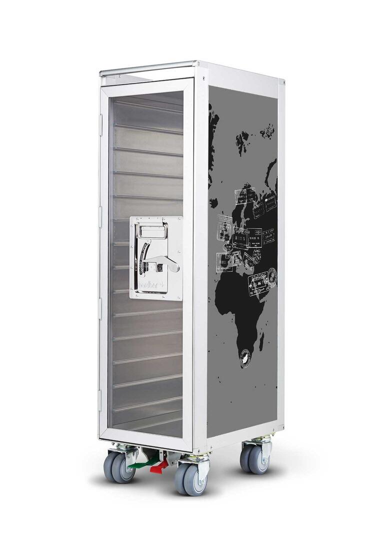 Grauer Flugzeugtrolley mit Weltkarten-Design und transparenter Tür, ideal als Bordbar oder Möbelstück.