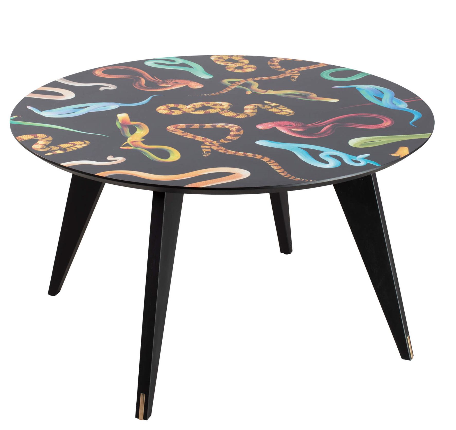 Toiletpaper Round Table Snakes Esstisch Seletti mit schwarzem Untergestell und Tischplatte mit bunten Schlangenmotiven.