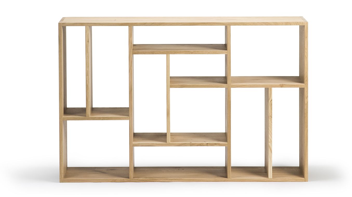 Ethnicraft Regal aus Eiche mit asymmetrischem Design, modernes Holzregal für Wohnzimmer und Büro.