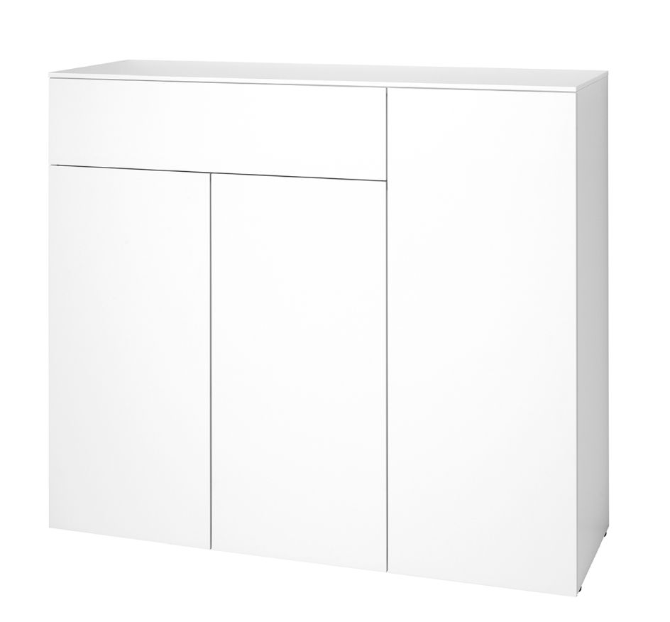 Weißes Urban Sideboard von Schönbuch mit drei Türen und einem Schubkasten für modernes Wohnen.