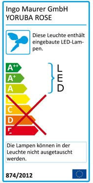Energielabel der Ingo Maurer Yoruba Rose Tischleuchte mit Energieeffizienzklasse und LED-Hinweis für energiesparende Beleuchtung.