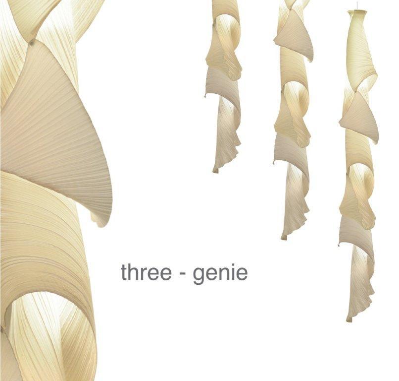 Three Genie Pendelleuchte von Alexandra Tsoukala, moderne Hängelampe aus beigem Stoff, Wohnzimmerbeleuchtung.