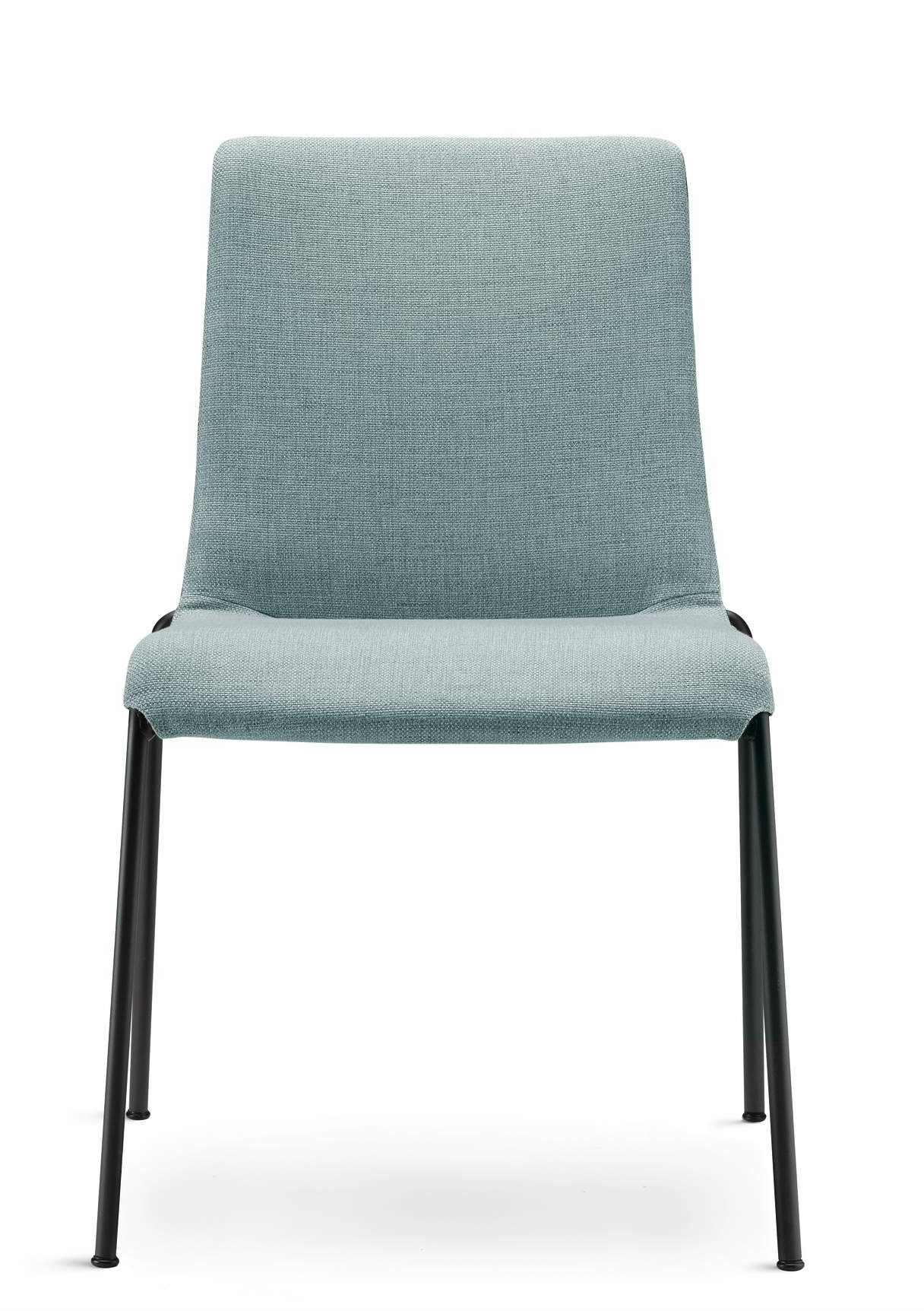 Liz Stuhl mit hellblauem Stoffbezug und schwarzem Metallgestell, moderner Esszimmerstuhl für Wohnraum.