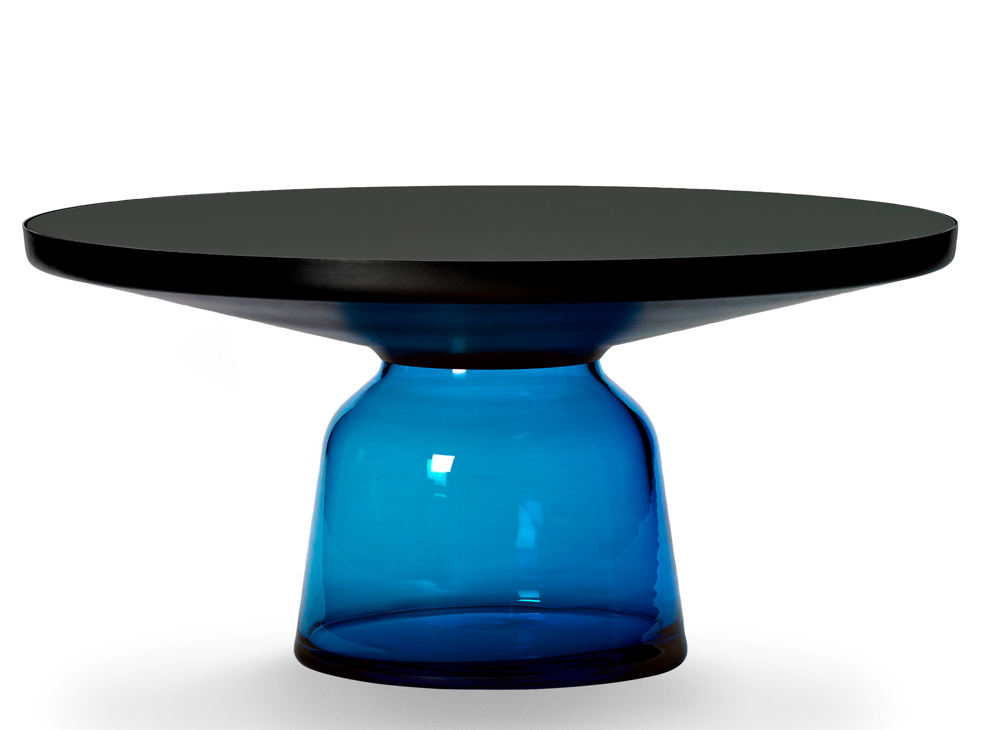 Bell Coffee Table Couchtisch mit Stahlplatte und saphirblauem Glasfuß, modernes Design für Wohnzimmer.